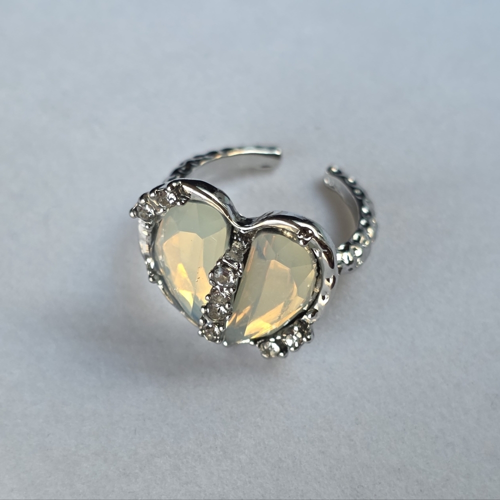 Open Back Heart Ring Milky Rhinestones with Small Crystal Accents Silver Tone